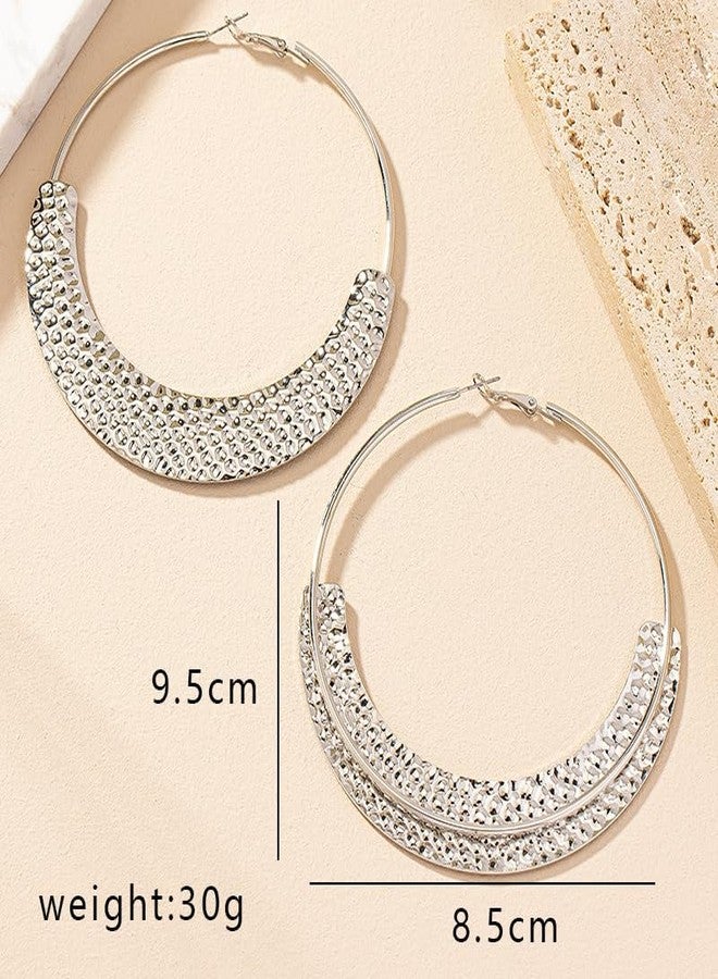 MarveBard Chunky Gold Hoop Earrings for Women Trendy Chunky Hoops Earrings Vintage Bohemia Textured Statement Earrings Lightweight Hypoallergenic Large Big Circle Hoop Earrings Wedding Ball Party Jewelry (Silver) - Image 3